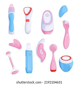 Tools and machines for skin care vector illustrations set. Different devices or gadgets for facial treatment, face massage or cleansing on white background. Cosmetology, skincare, beauty concept