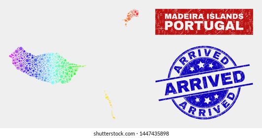 Tools Madeira Islands map and blue Arrived scratched stamp. Rainbow colored gradiented vector Madeira Islands map mosaic of tools. Blue rounded Arrived stamp.