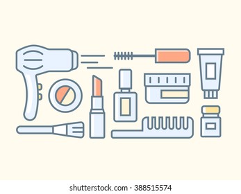 Tools for make-up. Cosmetic fashion, beauty powder, lipstick glamour, vector illustration