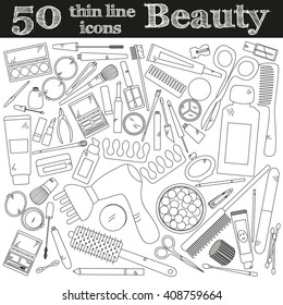 Tools for makeup. Set of 50 cosmetic icons in thin line. Vector collection for beauty design.