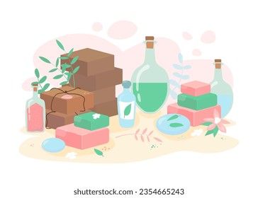 Tools for making handmade soap vector illustration. Colorful soap bars, herbals, essential oil bottles, delivery boxes for organic cosmetics. Craft, hobby, aromatherapy concept