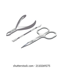 Tools for manicure or pedicure with steel scissors tweezers and pusher isometric icon 3d vector illustration