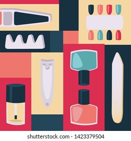 Tools for manicure print vector illustration for banners and posters. Accessories and instruments for nails, toe separator, nail clippers, file, bottles with varnish, colorful nail design.