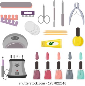 Herramientas para conjunto de manicura. Ilustración vectorial de accesorios de manicura. Fondo blanco. Para uso en diseños, etiquetas, pegatinas, volantes y folletos, iconos y logos.