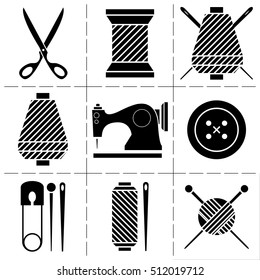 Tools and materials for creative work and craft: spool, yarn, needles, thread, pins, button, scissors. Vector simple icon set.