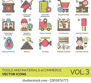 Herramientas y materiales eCommerce incluyendo compras, carrito, salida, renovación, lámpara, maquinaria, protección, engranaje, acero, madera, azulejos, cemento, construcción, compra, en línea, entrega, materiales