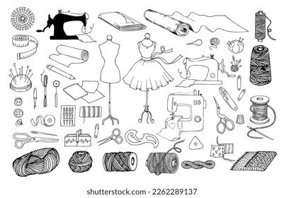 Tools and materials sewing and needlework set. Sew machine and mannequin. Sketch vector illustration