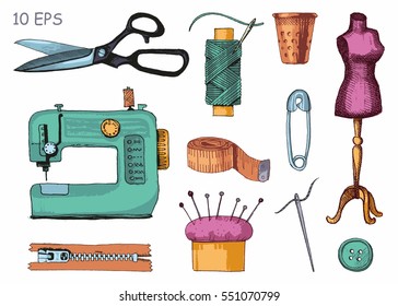Tools and materials sewing and needlework. Vector sketch.