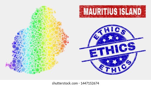 Tools Mauritius Island map and blue Ethics distress stamp. Spectral gradient vector Mauritius Island map mosaic of service. Blue round Ethics stamp.