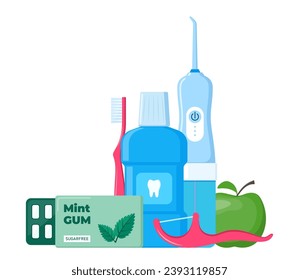 Herramientas y medios para la higiene dental. Cuidado oral y productos de higiene. Ilustración del vector