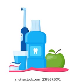 Tools and means for dental hygiene. Oral care and hygiene products. Vector illustration