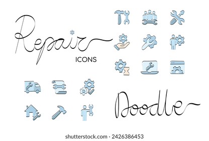 herramientas. mecánico. trabajo. arreglar. metal. roto. el icono. Doodle. vector. líneas negras. sobre fondo blanco.