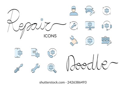 tools. mechanic. work. to fix. metal. broken. the icon. Doodle. vector. black lines. on a white background.