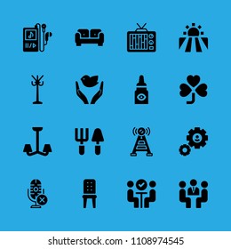 tools, meeting, rack, sofa, meeting, music player, chandelier, microphone and field vector icon. Simple icons set