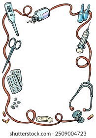 Tools and methods of treatment in medicine. Frame of illustrations related to patient treatment. Special offer for advertising pharmacies and medical services. Comic cartoon pop art retro vector