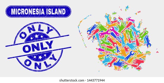 Tools Micronesia island map and blue Only textured seal stamp. Colorful vector Micronesia island map mosaic of service items. Blue rounded Only seal.