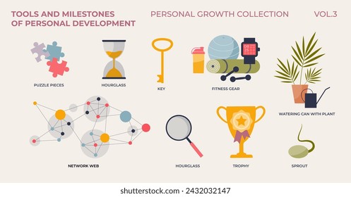 Herramientas e hitos de desarrollo personal o crecimiento en conjunto de colección diminuta. Elementos etiquetados con éxito y determinación recursos ilustración vectorial. Progreso, meta y objetivos de resolución.