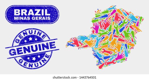 Tools Minas Gerais State map and blue Genuine textured seal. Colored vector Minas Gerais State map mosaic of productivity. Blue round Genuine seal.