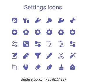 Tools mini solid icons set. Settings glyph simple icons.