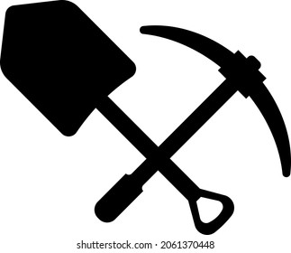 Tools for mining coal, ore. Flat black shovel and pickaxe symbol. Vector image isolated on a white background.