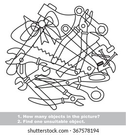 Tools mishmash set in vector outlined to be colored.  Find all hidden objects on the picture. 