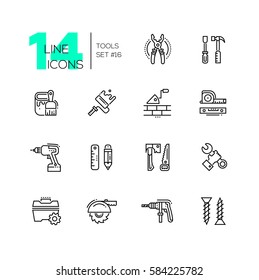 Tools - modern vector single line icons set. Pliers, screwdriver, hammer, paint, brush, roller, brick, trowel, tapeline, level, drill, pencil, ruler, saw, axe, wrench, hand, toolbox