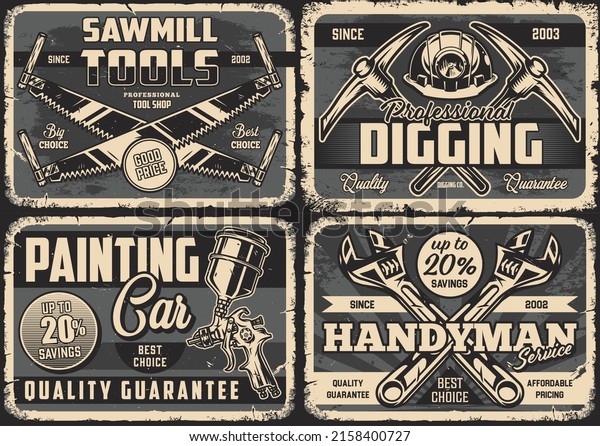 Tools monochrome
horizontal vintage posters set with inscriptions, crossed two-man
saws, wrenches, pickaxes, hardhat with flashlight, spray gun,
vector illustration