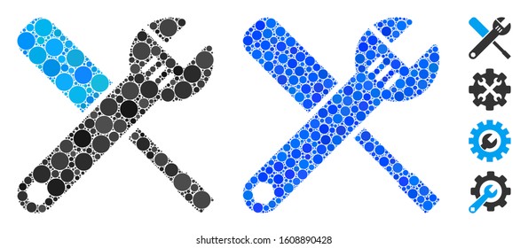 Tools mosaic of filled circles in various sizes and color tinges, based on tools icon. Vector round elements are united into blue mosaic. Dotted tools icon in usual and blue versions.