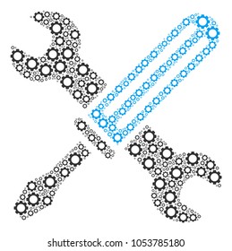 Tools mosaic of gear elements. Vector tooth gear components are united into tools shape.