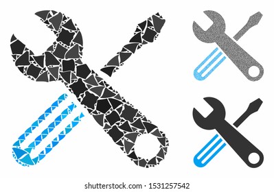 Tools mosaic of ragged elements in variable sizes and color hues, based on tools icon. Vector bumpy elements are composed into collage. Tools icons collage with dotted pattern.