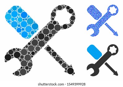 Tools mosaic of round dots in different sizes and shades, based on tools icon. Vector round dots are organized into blue collage. Dotted tools icon in usual and blue versions.
