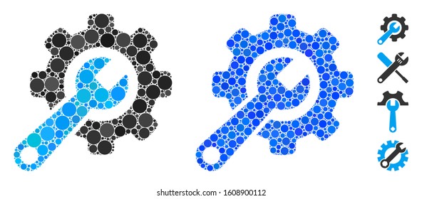 Tools mosaic of round dots in different sizes and color tints, based on tools icon. Vector round dots are organized into blue mosaic. Dotted tools icon in usual and blue versions.