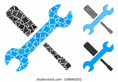 Tools mosaic of trembly pieces in different sizes and color tints, based on tools icon. Vector joggly pieces are organized into collage. Tools icons collage with dotted pattern.