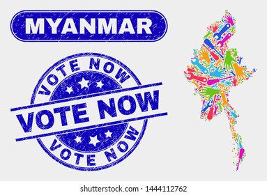 Tools Myanmar map and blue Vote Now grunge stamp. Bright vector Myanmar map mosaic of workshop. Blue round Vote Now stamp.