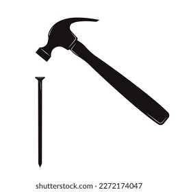 Tools nail and hammer. Black silhouette with a white line.