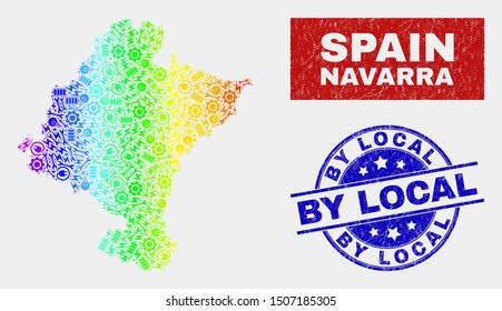 Tools Navarra Province map and blue By Local distress seal. Spectrum gradiented vector Navarra Province map mosaic of equipment items. Blue rounded By Local seal.