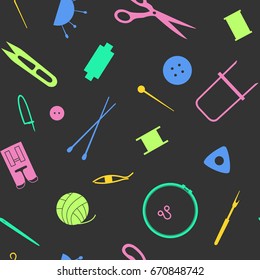 Tools  for needlework, sewing and knitting. Seamless pattern of the sewing industry. Vector illustration.