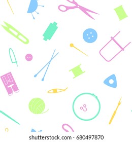 Tools  for needlework, sewing and knitting. Seamless pattern of the sewing industry. Vector illustration.