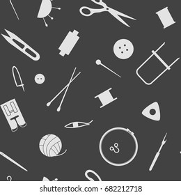 Tools  for needlework, sewing and knitting. Seamless pattern of the sewing industry. Vector illustration.
