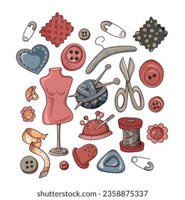 Tools for needlework and sewing. Needles, threads, fabrics, mannequin, scissors, measuring tape, needle bar, buttons, pins. Vector illustration