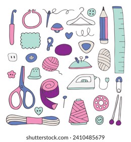 Tools for needlework and sewing. Needles, threads, fabrics, mannequin, scissors, measuring tape, needle bar, buttons, pins. Vector illustration