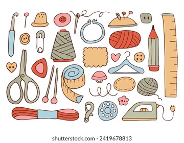 Tools for needlework and sewing. Needles, threads, fabrics, mannequin, scissors, measuring tape, needle bar, buttons, pins. Vector illustration