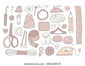 Tools for needlework and sewing. Needles, threads, fabrics, mannequin, scissors, measuring tape, needle bar, buttons, pins. Vector illustration