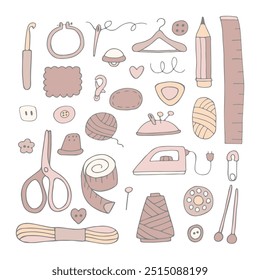 Tools for needlework and sewing. Needles, threads, fabrics, mannequin, scissors, measuring tape, needle bar, buttons, pins. Vector illustration