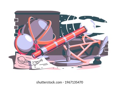 Tools for new discoveries vector illustration. Globe, telescope, calligraphy equipment on surface flat style. Education and science discovery concept. Isolated on white background