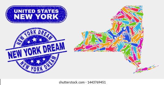 Tools New York State map and blue New York Dream textured stamp. Colored vector New York State map mosaic of productivity items. Blue round New York Dream stamp.