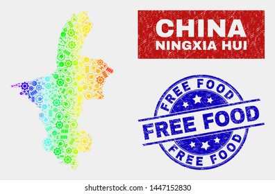 Tools Ningxia Hui Region map and blue Free Food textured seal stamp. Spectral gradiented vector Ningxia Hui Region map mosaic of tools components. Blue rounded Free Food rubber.