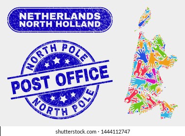 Tools North Holland map and blue North Pole Post Office scratched seal. Colorful vector North Holland map mosaic of tools parts. Blue round North Pole Post Office imprint.