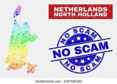 Tools North Holland map and blue No Scam scratched seal stamp. Spectral gradiented vector North Holland map mosaic of tools parts. Blue round No Scam rubber.