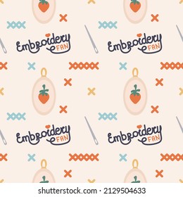 Tools and objects for sewing, embroidery and cross stitching on pastel background. Seamless pattern, backdrop, texture for textile, design, decoration, wrapping paper and scrapbooking. Vector